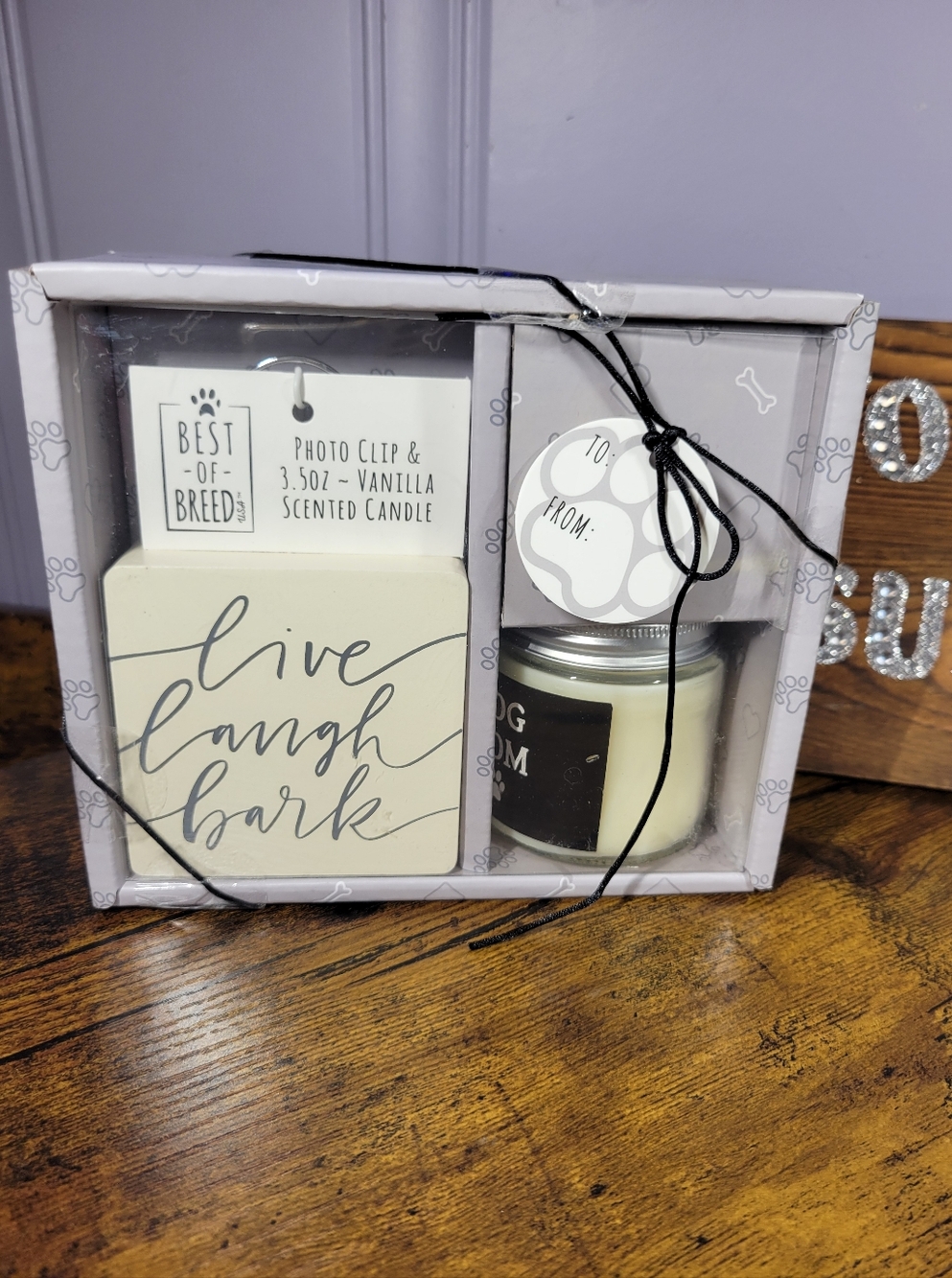 Best of Breed 'Live Laugh Bark' Photo Clip & Vanilla Candle Gift Set - White